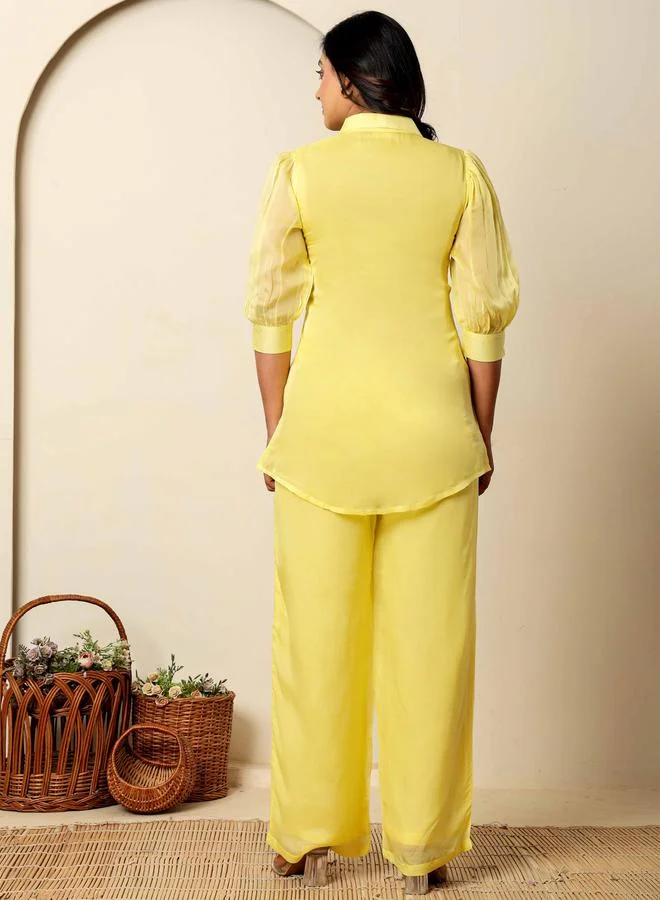 KASYA Yellow Embroidered Organza Co-Ord Set